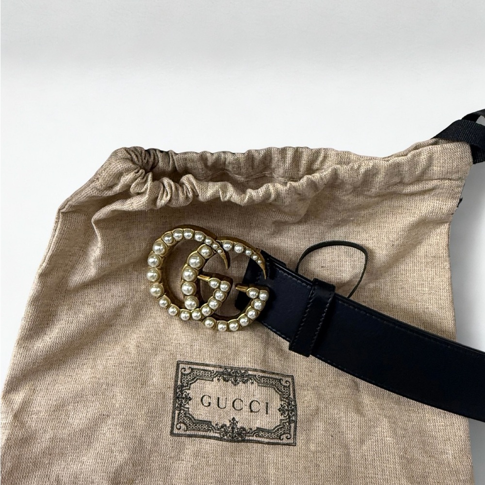 Gucci Black Belt with Gold and Pearl GG Buckle